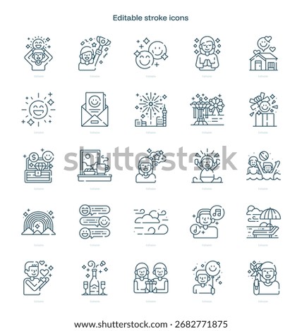 Happiness stroke icon. Happiness line icon set. editable stroke icon pack