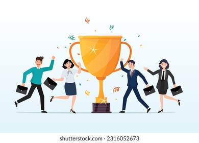 Éxito de la felicidad hombres de negocios y mujeres equipo sosteniendo una copa de trofeo ganadora, reconocimiento del éxito del equipo, recompensa por trabajo en equipo para lograr el objetivo de negocios, victoria para compañeros de trabajo para completar la misión (Vector)