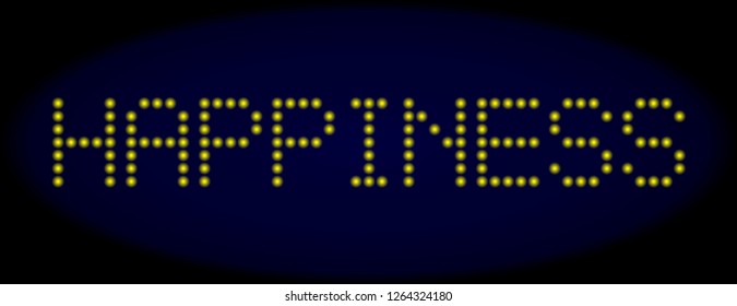 Happiness text in LED style with round glowing pixels. Vector bright yellow letters forms Happiness text on a dark blue background. Digital font with round elements.