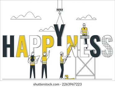 Happiness text. Tiny man construction happiness text and painting Happiness. Vector calligraphy lettering. Colored Template of banner or poster
