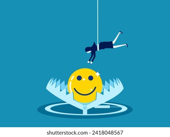 Happiness trap. Businesswoman tries to pick up happiness icon in trap Vector 