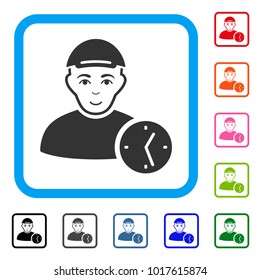 Happiness User Time vector pictograph. Person face has joyful feeling. Black, grey, green, blue, red, pink color versions of user time symbol in a rounded square. A dude dressed with a cap.