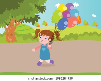 Happiness vector concept. Happy little girl walking at the park while holding colorful balloon
