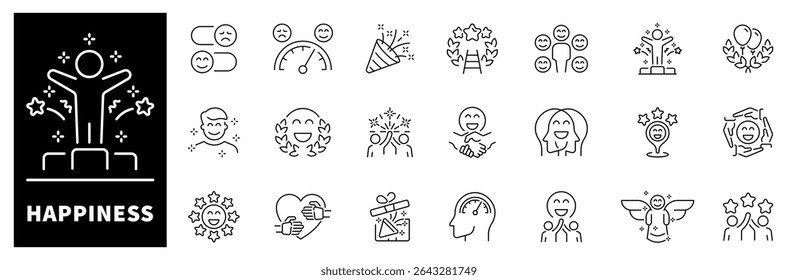 Happiness vector icons collection. Thin line icons related to happiness and satisfaction. Happiness vector icons in line style