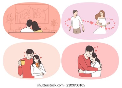 Happiness and weekend of couple concept. Set of young happy couples watching movie together dating drinking coffee hugging feeling in love vector illustration 