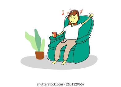 Happiness woman listen to music on green sofa. Leisure and cozy time spending for relax. Concept vector illustration with layers.