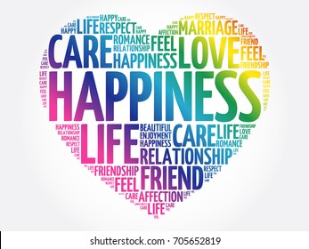 Happiness word cloud collage, heart concept background