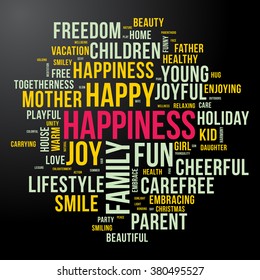 HAPPINESS word cloud. Dark and colourful tag cloud. Vector graphics illustration.