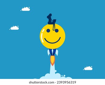 Happiness at work. Businesswoman working on happiness icon on rocket