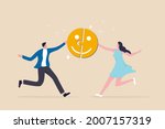 Happiness in workplace, emotional intelligence or mental wellbeing, customer satisfaction or review feedback concept, young cheerful people completed happy smile face jigsaw as joyful symbol.
