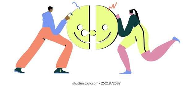 La felicidad en el lugar de trabajo, la inteligencia emocional o el bienestar mental, la satisfacción del Cliente o el concepto de Comentarios de revisión, los jóvenes completaron el rompecabezas de cara de sonrisa de felicidad como símbolo de alegría. 