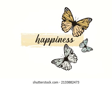 happiness yellow butterfly design hand drawn