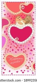Happiness is in your pocket. Valentine's Day.Cute animals.A postcard. A pair of bears in love. Family, lovers, father and mother, husband and wife, spouses. Hearts and lots of pink hearts.