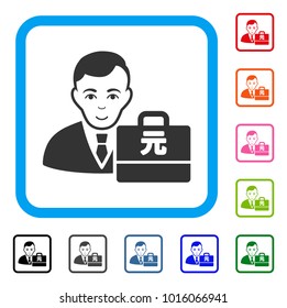 Happiness Yuan Renminbi Accounter vector pictograph. Human face has joy emotions. Black, grey, green, blue, red, orange color variants of yuan renminbi accounter symbol inside a rounded square.