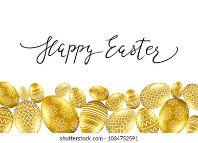 Happpy easter card with handwritten calligraphy lettering and gold eggs pattern. Vector illustration.