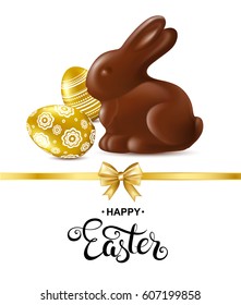 Happpy easter card with handwritten calligraphy lettering, chocolate rabbit, gold eggs and bow. Vector illustration.