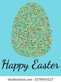 Happpy Easter card, poster with egg silhouette and pattern from small doodle flowers and leaves vector illustration