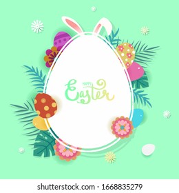 Happpy Easter day greeting card with bunny rabbit, easter eggs, flower, leaf tropical and big label egg on green pastel color background. For banner, template, card, label, tag on sale.