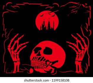 Happpy Halloween skull background with full moon and castle, red color 