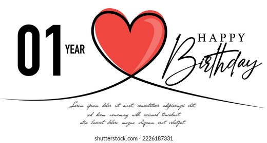 Happy 01st birthday card vector template with lovely heart shape.
