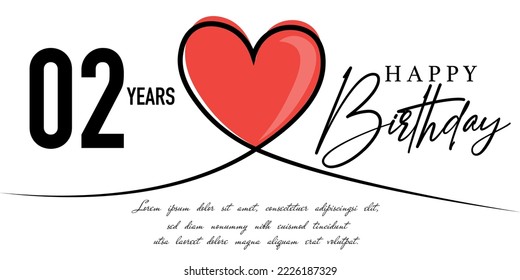 Happy 02nd birthday card vector template with lovely heart shape.
