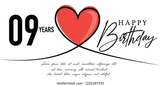 Happy 09th birthday card vector template with lovely heart shape.
