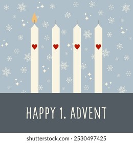 Happy 1. Advent. Square greeting card with candles with hearts in front of a snowflake background.