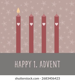 Feliz 1. Adviento. Tarjeta de felicitación cuadrada con cuatro velas delante de un fondo con estrellas.