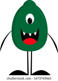 A happy 1 eyed green monster with 3 sharp teeth, vector, color drawing or illustration.