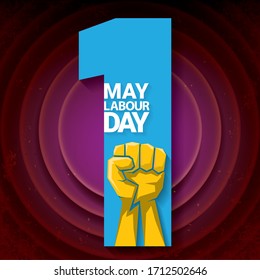 Happy 1 may labour day vector label with strong orange fist on grunge violet background. vector happy labor day background or banner with man hand. red workers may day poster