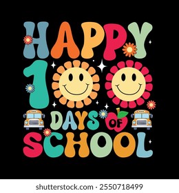 Feliz 100 días de escuela diseño de camiseta escolar de 100 días único y colorido para la celebración del centésimo día del estudiante.