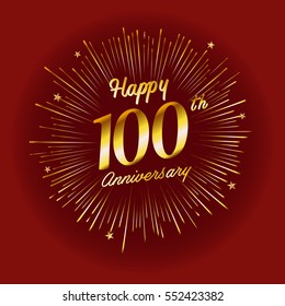 Happy 100th Anniversary. with fireworks and star on red background.Greeting card, banner, poster