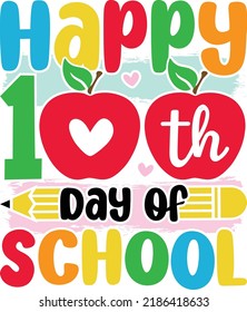 Happy 100th Day of School greeting card template with hand-drawn lettering and simple illustration for cards