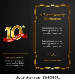 Happy 10th Anniversary background vector design. Luxury black paper with golden frame ornament and text for birthday celebration