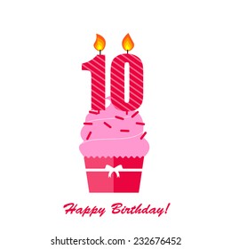 Happy 10th Birthday Anniversary card with cupcake and candle in flat design style, vector illustration 