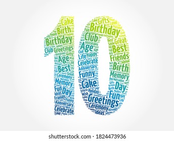 Happy 10th birthday word cloud, holiday concept background