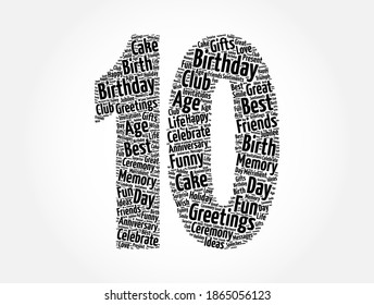 Happy 10th birthday word cloud, holiday concept background