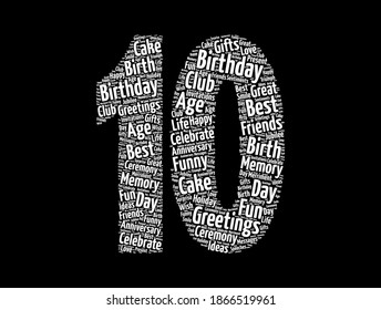 Happy 10th birthday word cloud, holiday concept background