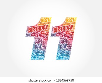 Happy 11th birthday word cloud, holiday concept background