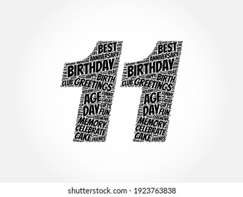 Happy 11th birthday word cloud, holiday concept background