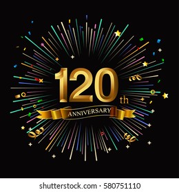 Happy 120th Anniversary. with fireworks and star on dark background.Greeting card, banner, poster
