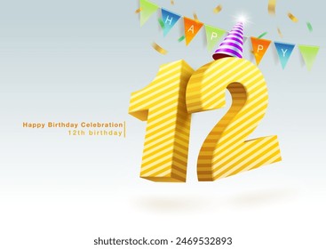 Happy 12th birthday with party hat, bunting and ribbon. Anniversary celebration concept with 12th birthday numbers. 3D style. Vector file illustration.