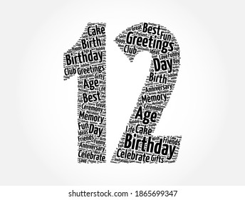 Happy 12th birthday word cloud, holiday concept background