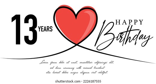 Happy 13th birthday card vector template with lovely heart shape.
