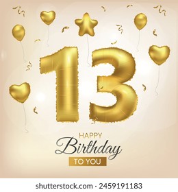 Happy 13th birthday gold foil balloon greeting background. 13 years anniversary illustration