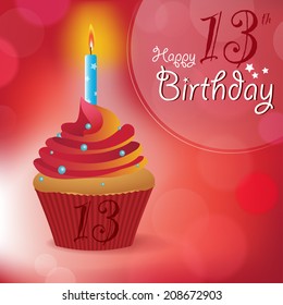 Happy 13th Birthday greeting/ invitation/ message - Bokeh Vector Background with a candle on a cupcake