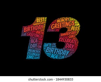 Happy 13th birthday word cloud, holiday concept background