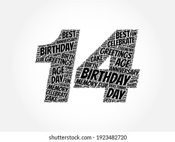 Happy 14th birthday word cloud, holiday concept background