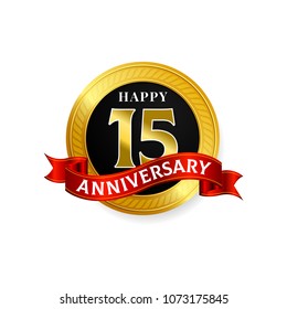 Happy 15 years golden anniversary logo celebration with ring and ribbon.