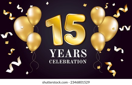 Happy 15th anniversary. Celebration. Banner in gold. 